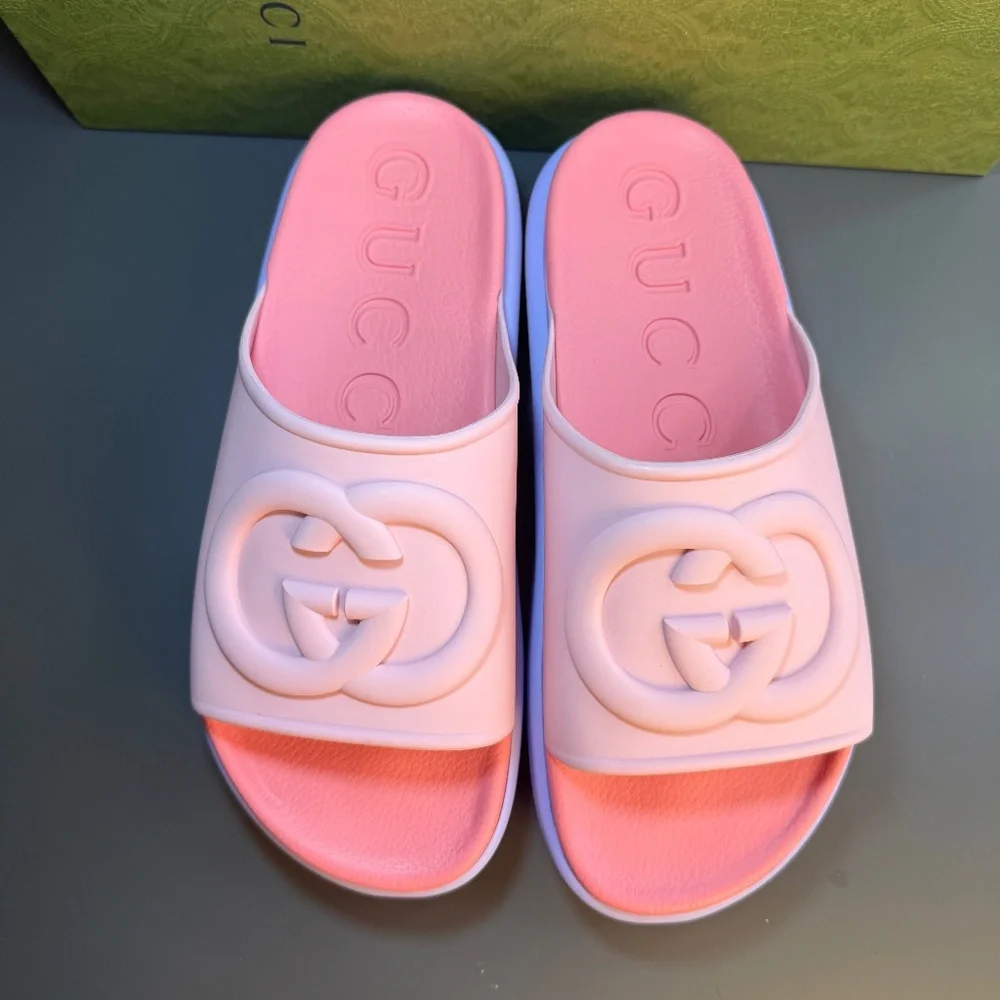 NWT GUCCI POOL SLIDES SIZE 38-8US platform interlocking logo pink purple - Picture 2 of 10